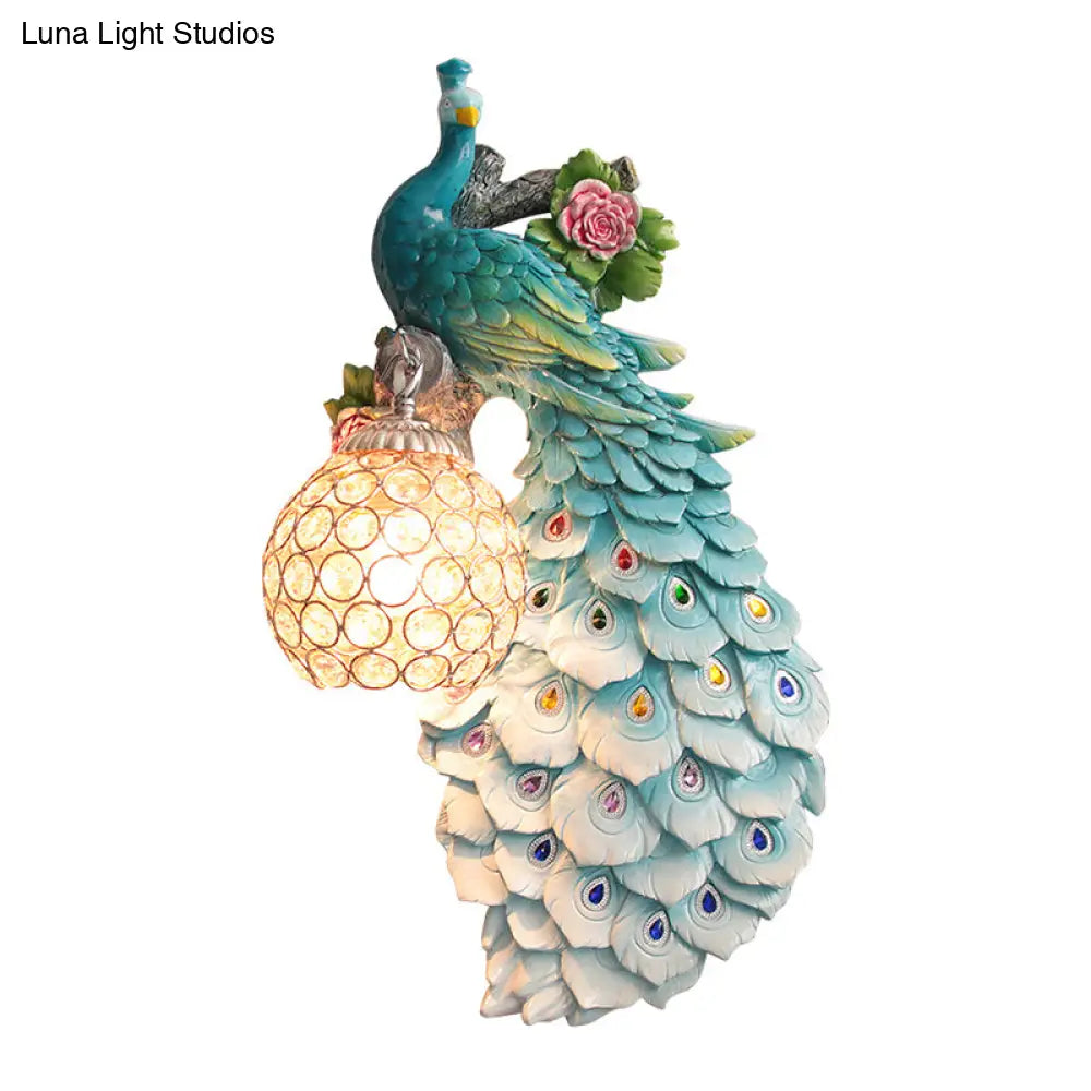 Rustic Crystal Ball Sconce: Peacock & Rose Decor Single Bulb Wall Mounted Light In White/Blue/Green
