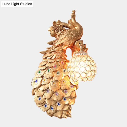 Rustic Crystal Ball Sconce: Peacock & Rose Decor Single Bulb Wall Mounted Light In White/Blue/Green