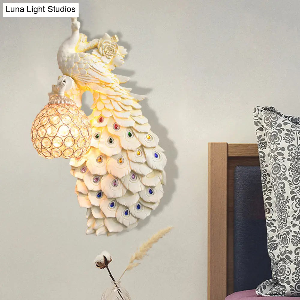 Rustic Crystal Ball Sconce: Peacock & Rose Decor Single Bulb Wall Mounted Light In White/Blue/Green