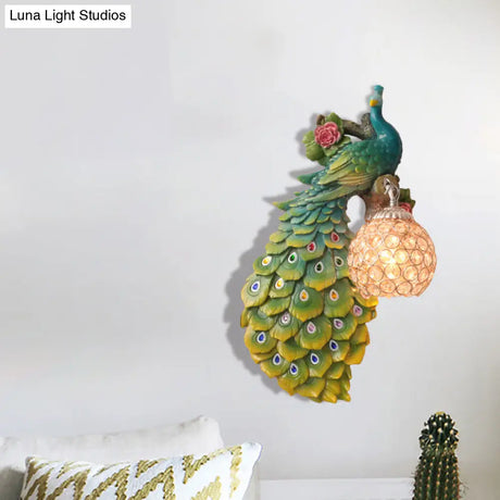 Rustic Crystal Ball Sconce: Peacock & Rose Decor Single Bulb Wall Mounted Light In White/Blue/Green