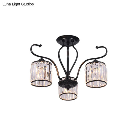 Rustic Crystal Block Cylinder Semi Flush Mount Light - 3/6 Lights Black Ceiling For Dining Room