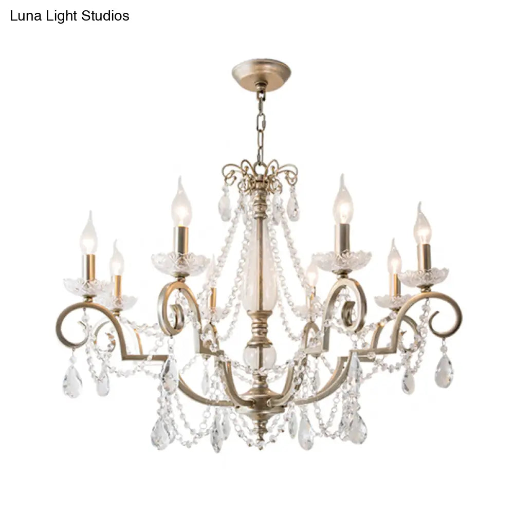 Rustic Crystal Candle Chandelier: Aged Silver Living Room Light With Swirled Arm