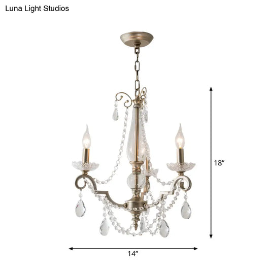 Rustic Crystal Candle Chandelier: Aged Silver Living Room Light With Swirled Arm