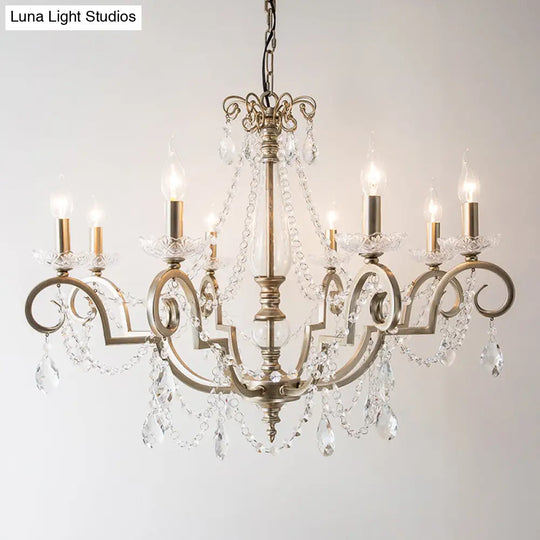 Rustic Crystal Candle Chandelier: Aged Silver Living Room Light With Swirled Arm