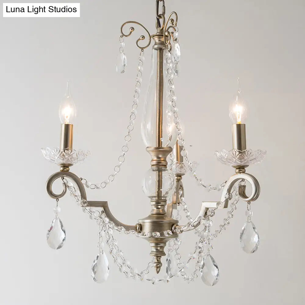 Rustic Crystal Candle Chandelier: Aged Silver Living Room Light With Swirled Arm