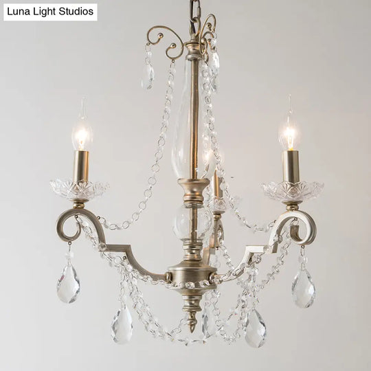 Rustic Crystal Candle Chandelier: Aged Silver Living Room Light With Swirled Arm