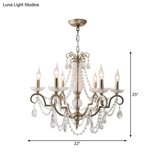 Rustic Crystal Candle Chandelier: Aged Silver Living Room Light With Swirled Arm
