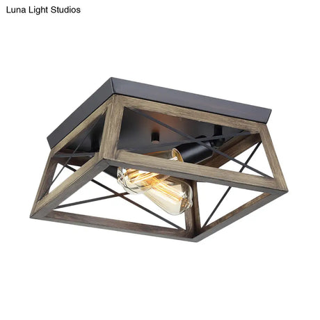 Rustic Cuboid Wood Frame Ceiling Lamp - 2-Light Brown Flush Mount Fixture