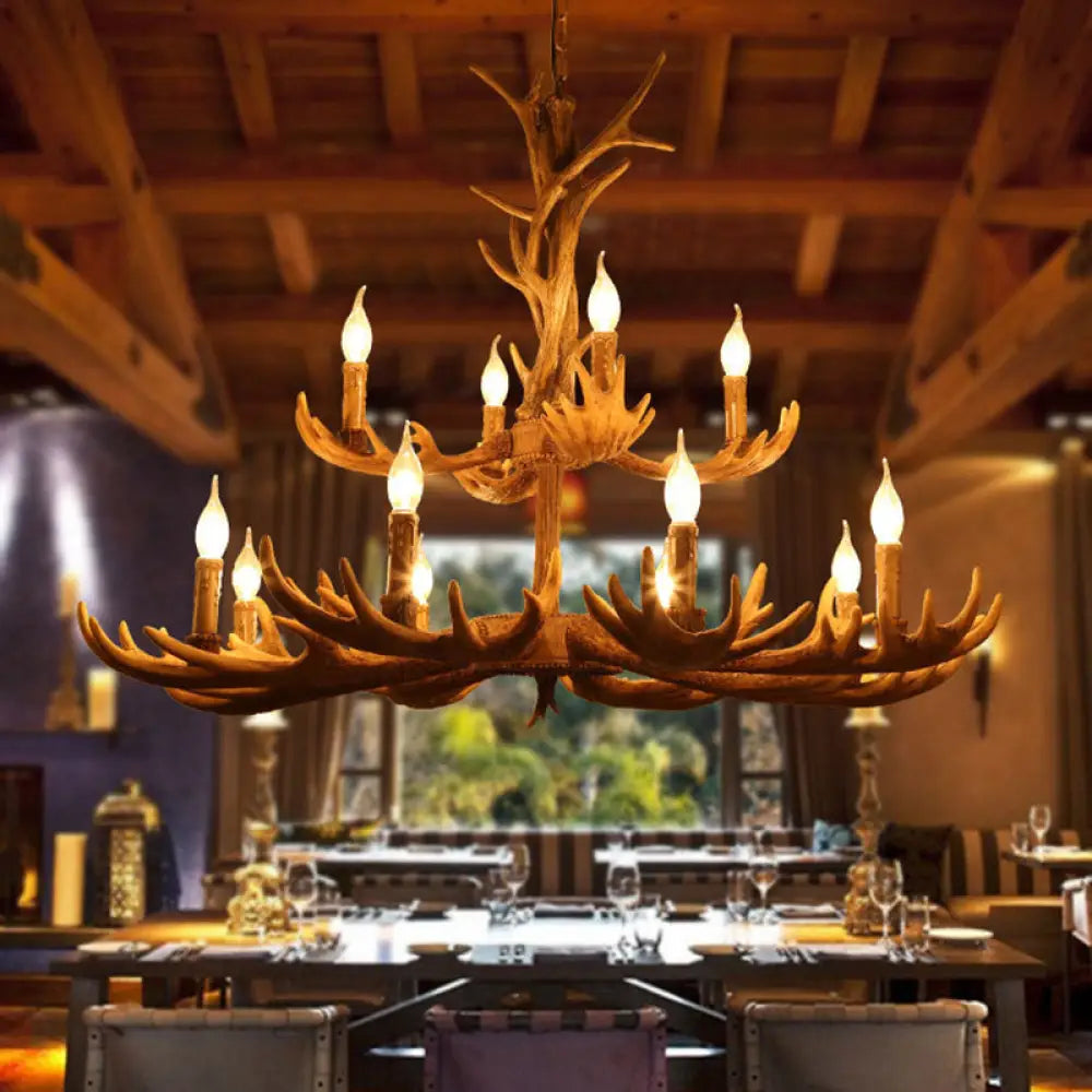 Rustic Deer Antler Resin Pendant Chandelier - 12 Bulbs Brown