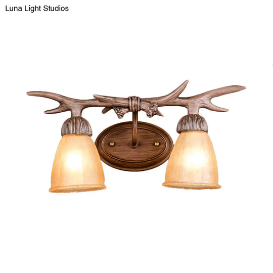 Rustic Deer Horn Amber Glass Wall Sconce Lamp - Lodge Style With 2 Lights