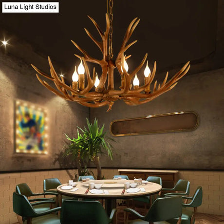Rustic Deer Horn Chandelier With Adjustable Chain - 6-Light Original Wood Color Retro Candlestick