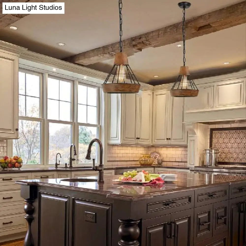 Rustic Wood And Metal Diamond Cage Pendant Lamp - Single Light Hanging For Kitchen