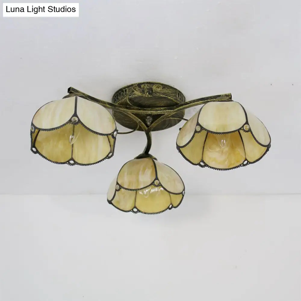 Rustic Dome Ceiling Fixture - Beige/Yellow-Blue/Clear/Blue Glass Flush Mount 3 Lights Living Room