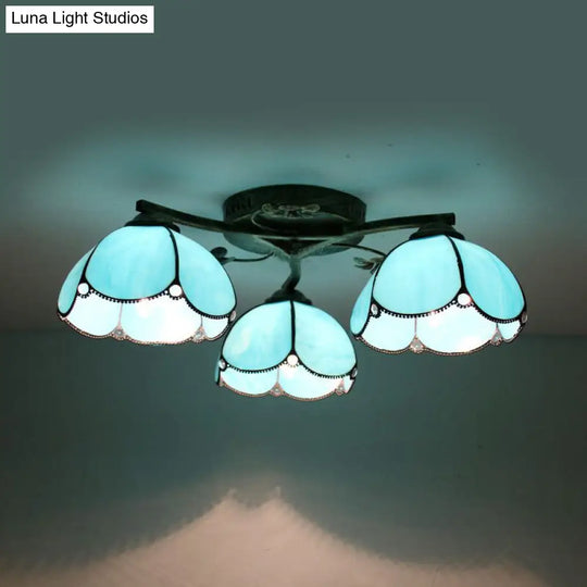 Rustic Dome Ceiling Fixture - Beige/Yellow-Blue/Clear/Blue Glass Flush Mount 3 Lights Living Room