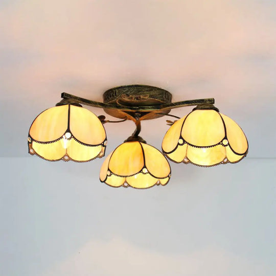 Rustic Dome Ceiling Fixture - Beige/Yellow-Blue/Clear/Blue Glass Flush Mount 3 Lights Living Room
