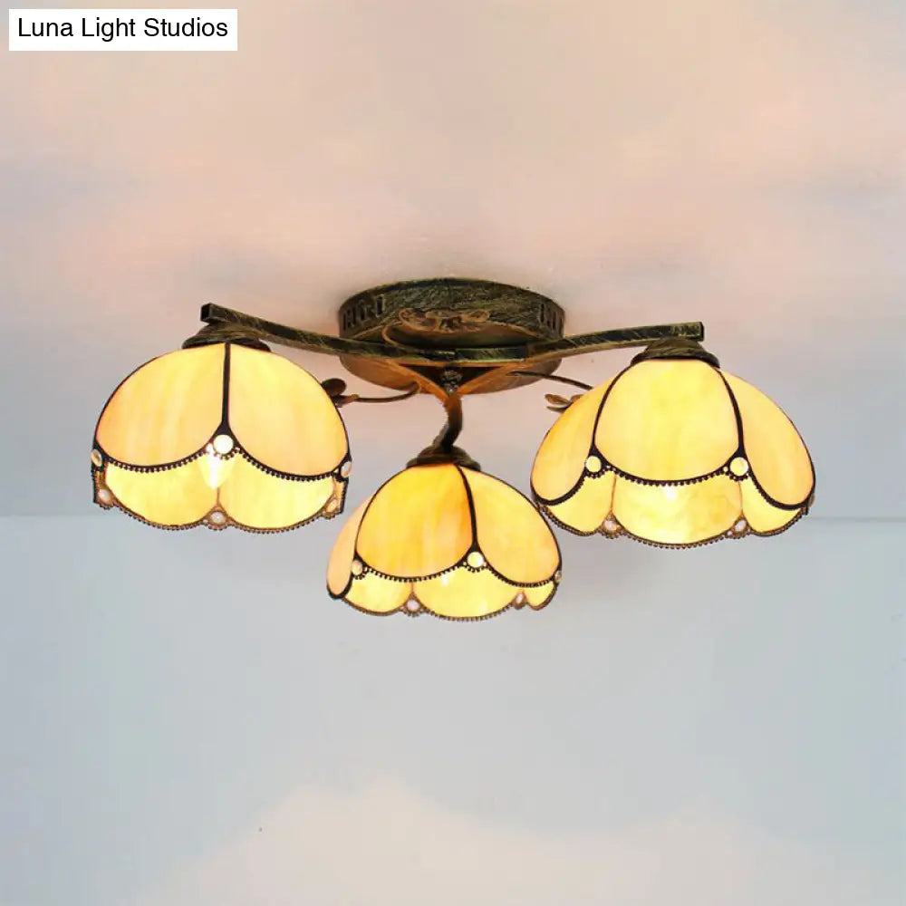 Rustic Dome Ceiling Fixture - Beige/Yellow-Blue/Clear/Blue Glass Flush Mount 3 Lights Living Room