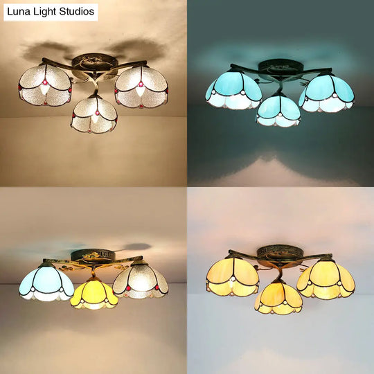 Rustic Dome Ceiling Fixture - Beige/Yellow-Blue/Clear/Blue Glass Flush Mount 3 Lights Living Room