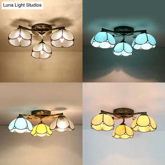 Rustic Dome Ceiling Fixture - Beige/Yellow-Blue/Clear/Blue Glass Flush Mount 3 Lights Living Room