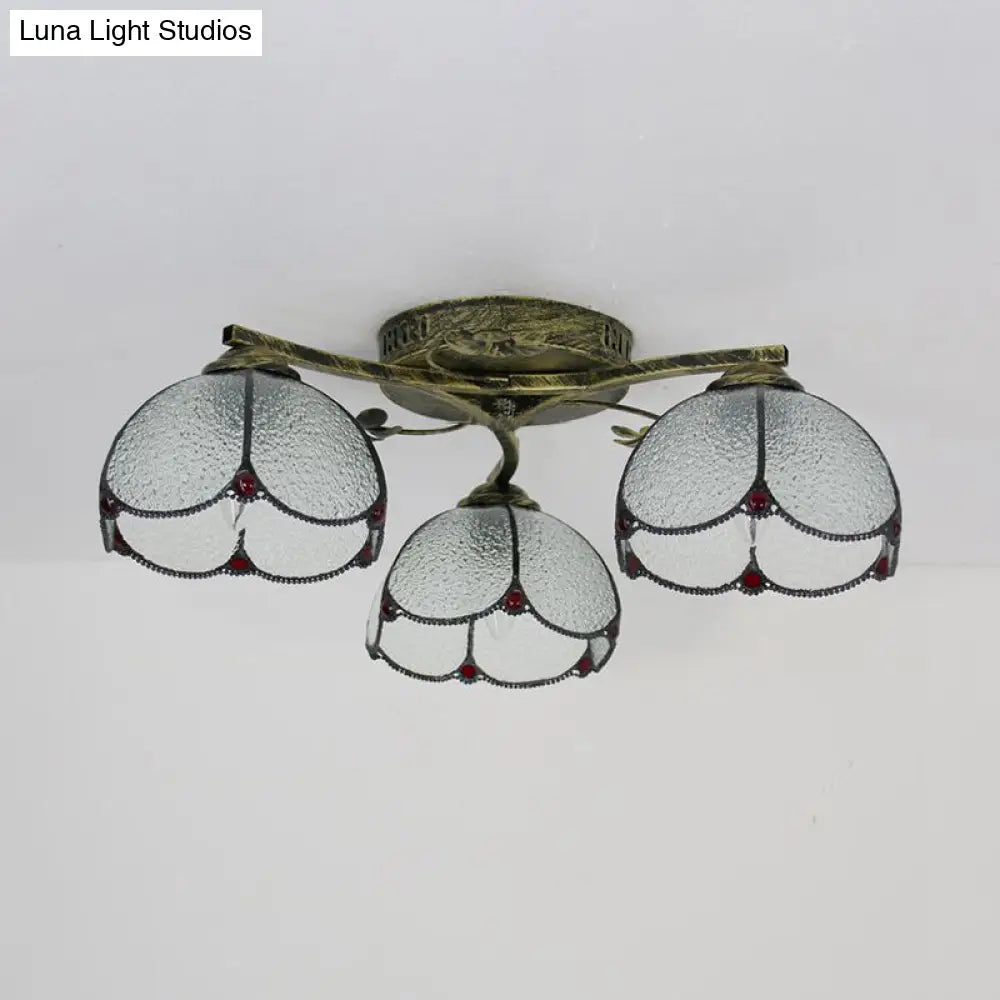 Rustic Dome Ceiling Fixture - Beige/Yellow-Blue/Clear/Blue Glass Flush Mount 3 Lights Living Room