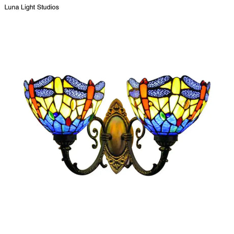 Rustic Dragonfly Wall Light - Vintage 2-Light Stained Glass Fixture In Brass Indoor Lighting
