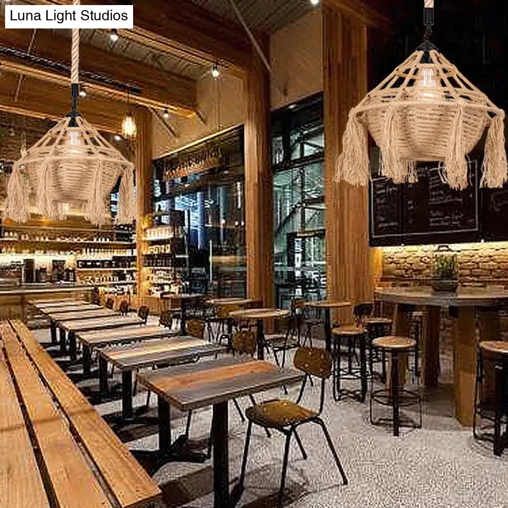 Rustic Droplet Pendant Light With Countryside Rope For Restaurants - Brown 1 Head