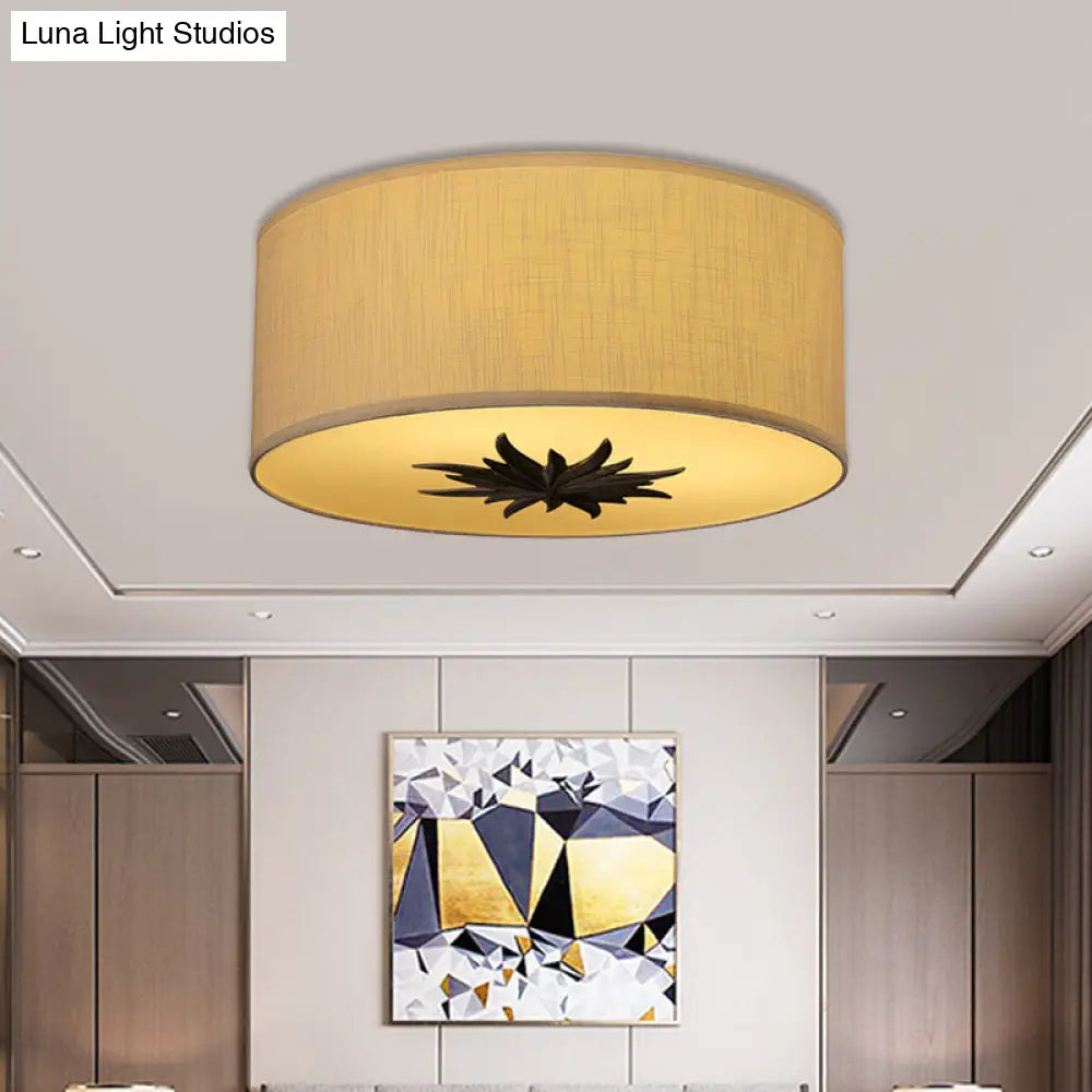 Rustic Drum Ceiling Lamp With Floral Pattern And 3 Bulbs - Grey/Beige Flush Mount For Dining Rooms
