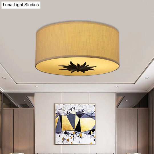 Rustic Drum Ceiling Lamp With Floral Pattern And 3 Bulbs - Grey/Beige Flush Mount For Dining Rooms