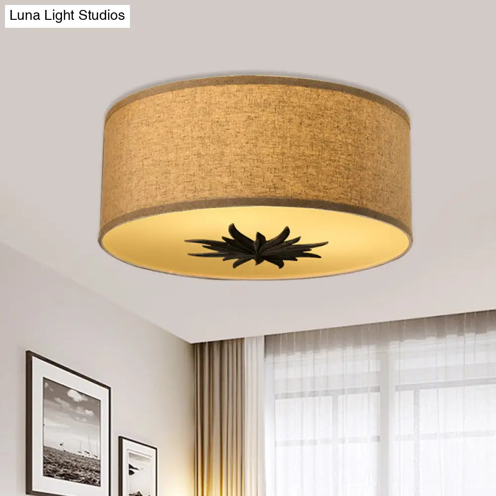 Rustic Drum Ceiling Lamp With Floral Pattern And 3 Bulbs - Grey/Beige Flush Mount For Dining Rooms