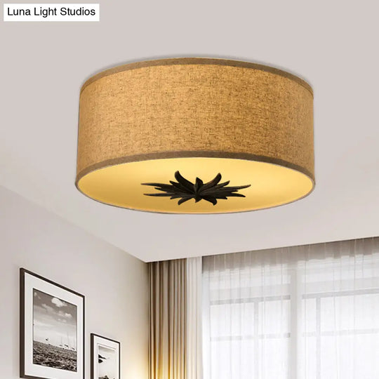 Rustic Drum Ceiling Lamp With Floral Pattern And 3 Bulbs - Grey/Beige Flush Mount For Dining Rooms