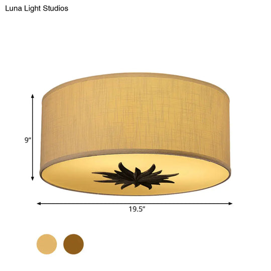 Rustic Drum Ceiling Lamp With Floral Pattern And 3 Bulbs - Grey/Beige Flush Mount For Dining Rooms
