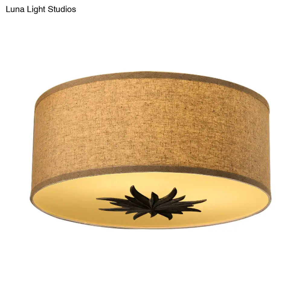 Rustic Drum Ceiling Lamp With Floral Pattern And 3 Bulbs - Grey/Beige Flush Mount For Dining Rooms
