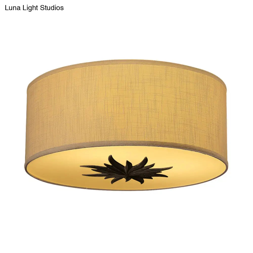 Rustic Drum Ceiling Lamp With Floral Pattern And 3 Bulbs - Grey/Beige Flush Mount For Dining Rooms