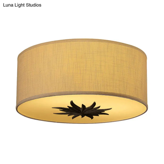 Rustic Drum Ceiling Lamp With Floral Pattern And 3 Bulbs - Grey/Beige Flush Mount For Dining Rooms