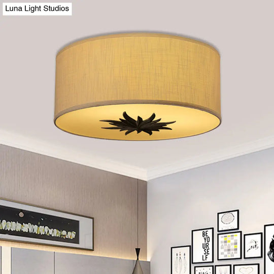 Rustic Drum Ceiling Lamp With Floral Pattern And 3 Bulbs - Grey/Beige Flush Mount For Dining Rooms