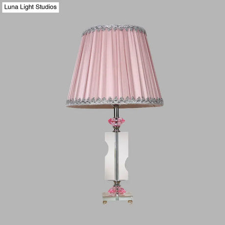 Rustic Fabric Pink Night Lamp With Crystal Accent - Single Head Tapered Nightstand Light