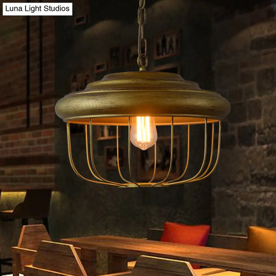 Rustic Farmhouse 1-Light Pendant With Drum Shade - Antique Brass Finish