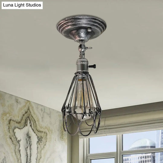 Rustic Farmhouse Semi-Flush Iron Cage Bedroom Ceiling Light In Rust/Aged Silver