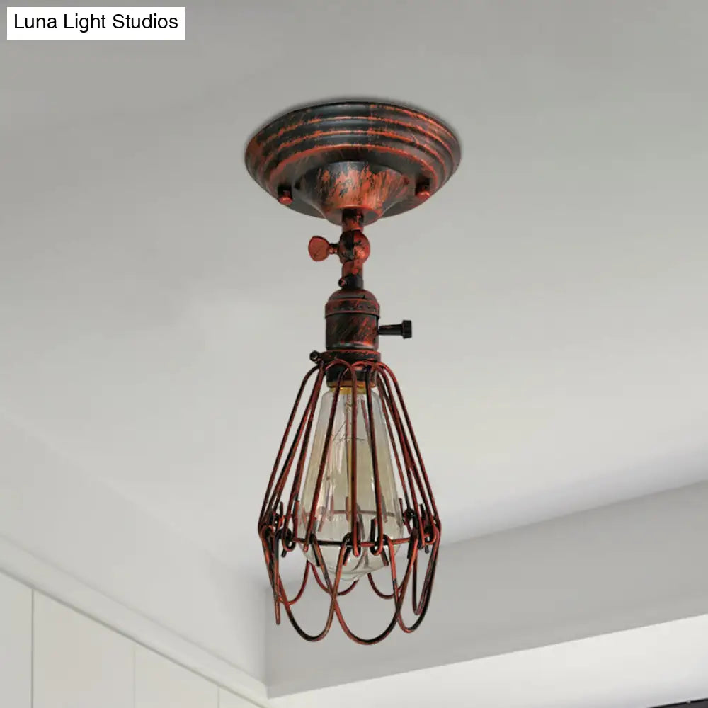 Rustic Farmhouse Semi-Flush Iron Cage Bedroom Ceiling Light In Rust/Aged Silver