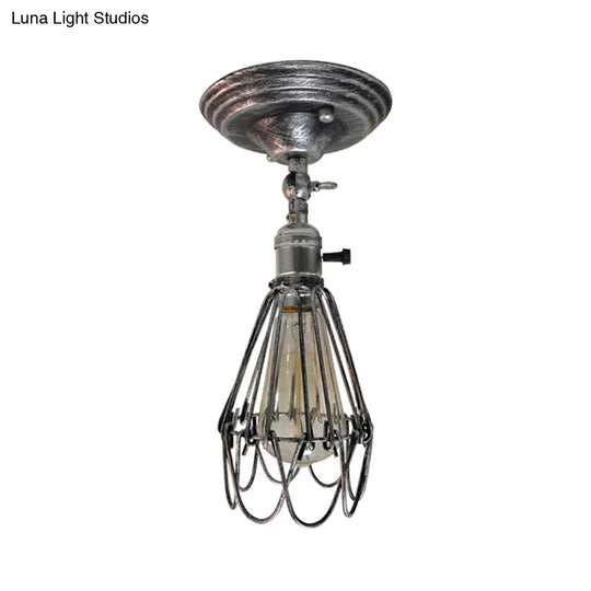 Rustic Farmhouse Semi-Flush Iron Cage Bedroom Ceiling Light In Rust/Aged Silver