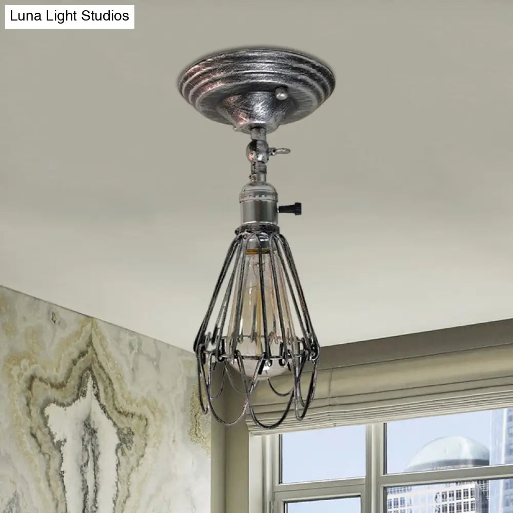 Rustic Farmhouse Semi-Flush Iron Cage Bedroom Ceiling Light In Rust/Aged Silver