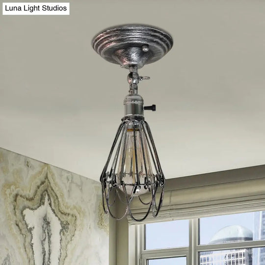 Rustic Farmhouse Semi-Flush Iron Cage Bedroom Ceiling Light In Rust/Aged Silver