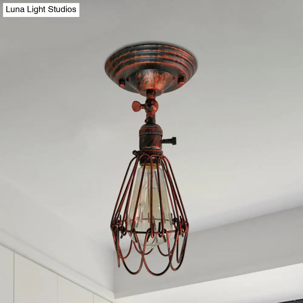 Rustic Farmhouse Semi-Flush Iron Cage Bedroom Ceiling Light In Rust/Aged Silver
