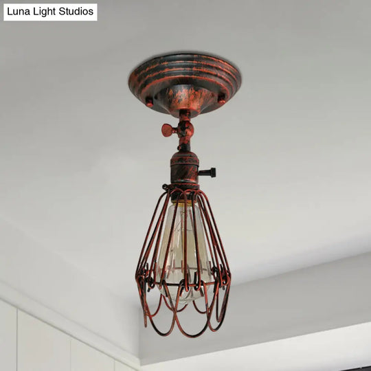 Rustic Farmhouse Semi-Flush Iron Cage Bedroom Ceiling Light In Rust/Aged Silver