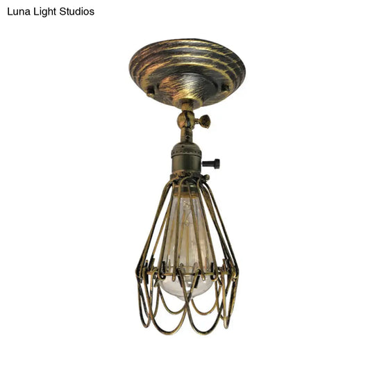 Rustic Farmhouse Semi-Flush Iron Cage Bedroom Ceiling Light In Rust/Aged Silver