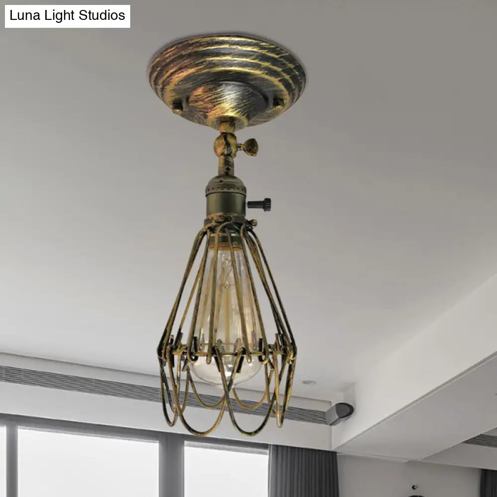 Rustic Farmhouse Semi-Flush Iron Cage Bedroom Ceiling Light In Rust/Aged Silver Antique Brass