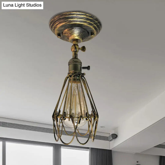 Rustic Farmhouse Semi-Flush Iron Cage Bedroom Ceiling Light In Rust/Aged Silver Antique Brass