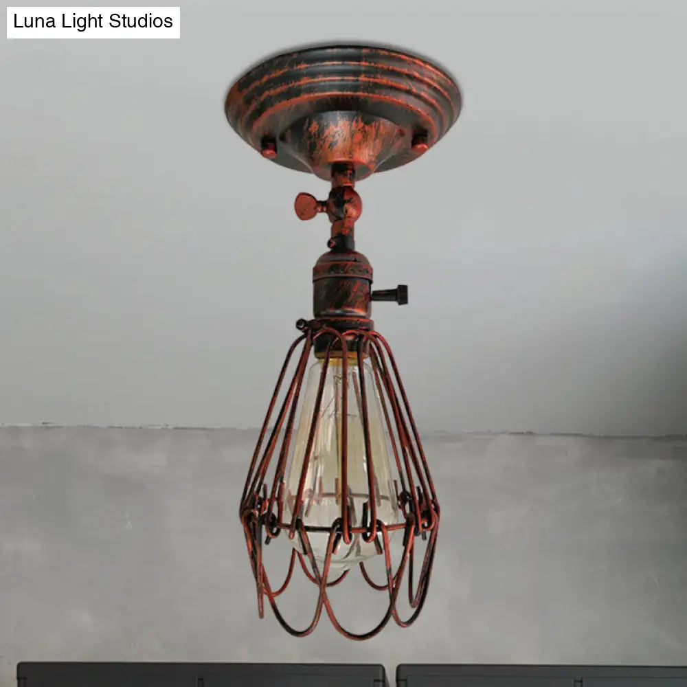 Rustic Farmhouse Semi-Flush Iron Cage Bedroom Ceiling Light In Rust/Aged Silver Weathered Copper
