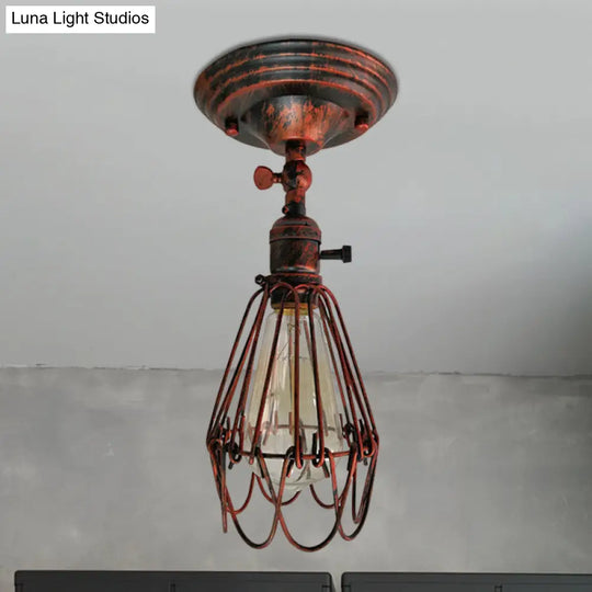 Rustic Farmhouse Semi-Flush Iron Cage Bedroom Ceiling Light In Rust/Aged Silver Weathered Copper