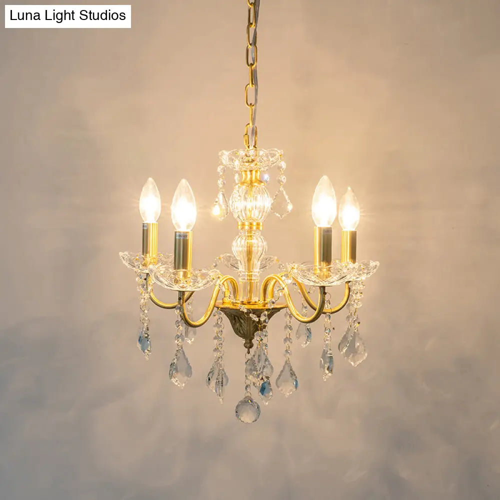 Rustic Faux Candle Pendant Light With Clear Crystal Strand - Rural Gold Metal Chandelier
