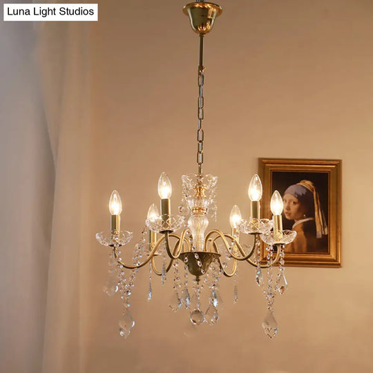 Rustic Faux Candle Pendant Light With Clear Crystal Strand - Rural Gold Metal Chandelier